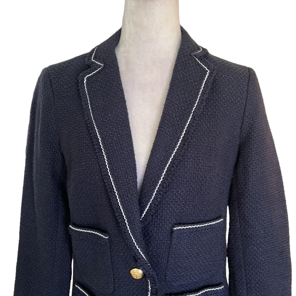 Talbots Navy Blue & White Tweed Gold Crested Button Blazer - 6 - Picture 4 of 14